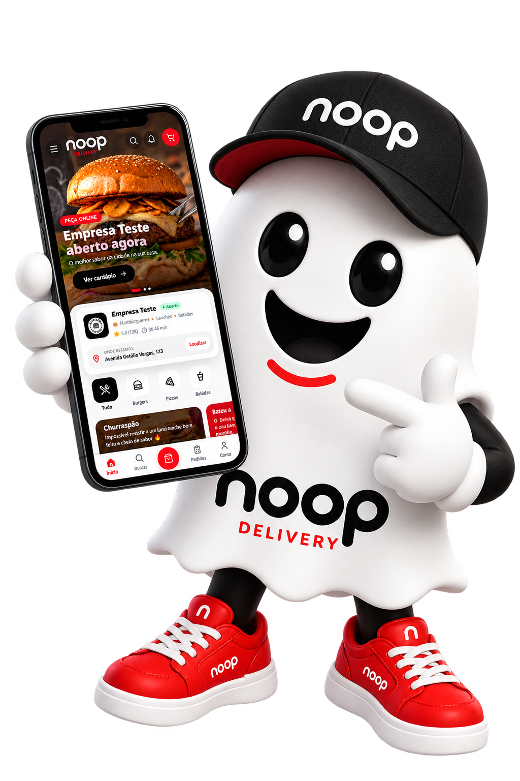 Mascote noop Delivery apresentando o aplicativo da loja no celular