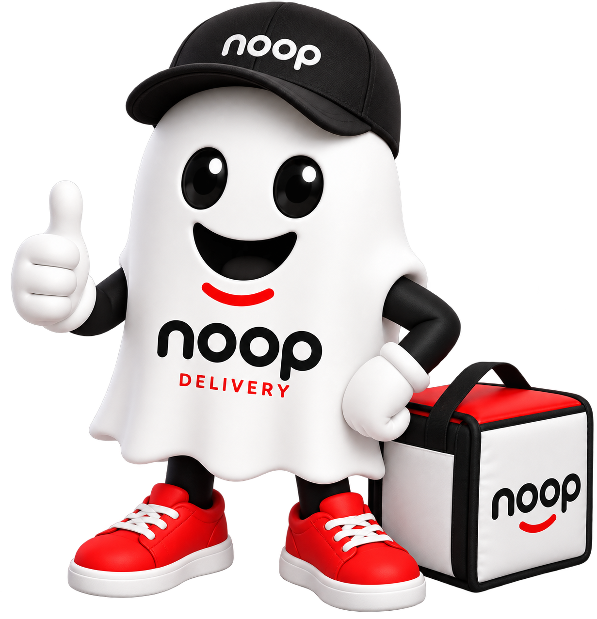 Mascote noop Delivery com a bag de entrega