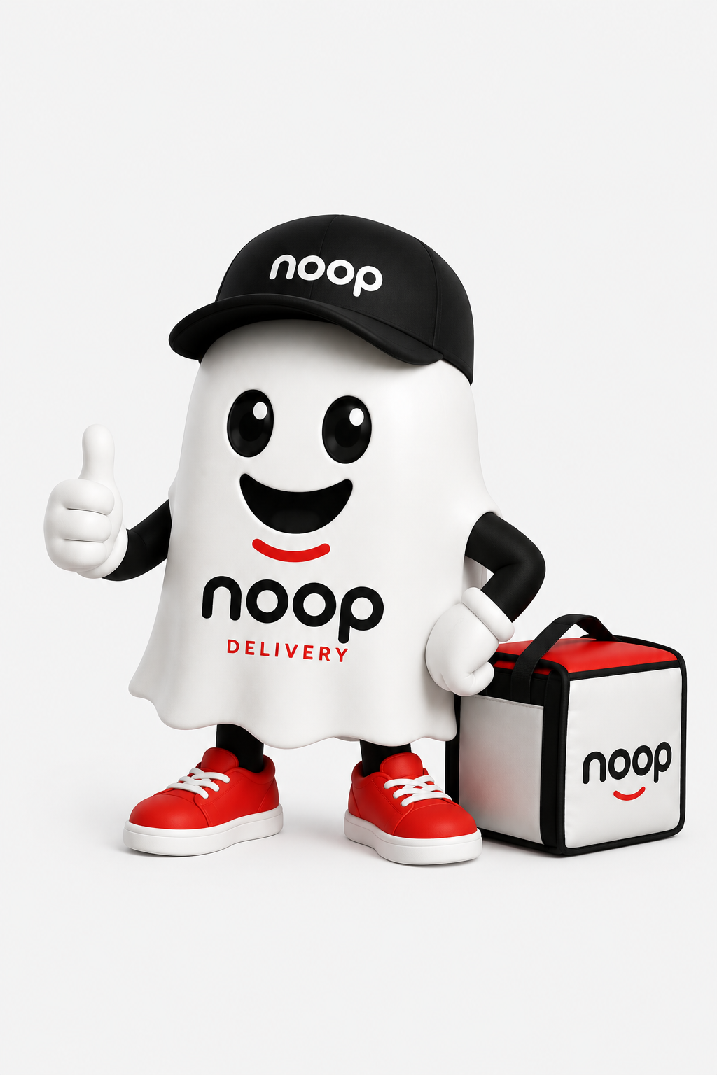 Mascote do noop Delivery com sacolas de entrega