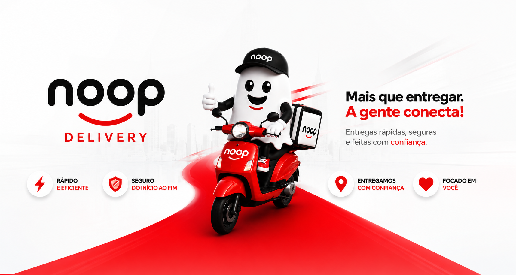 Entregador do noop Delivery em uma scooter vermelha